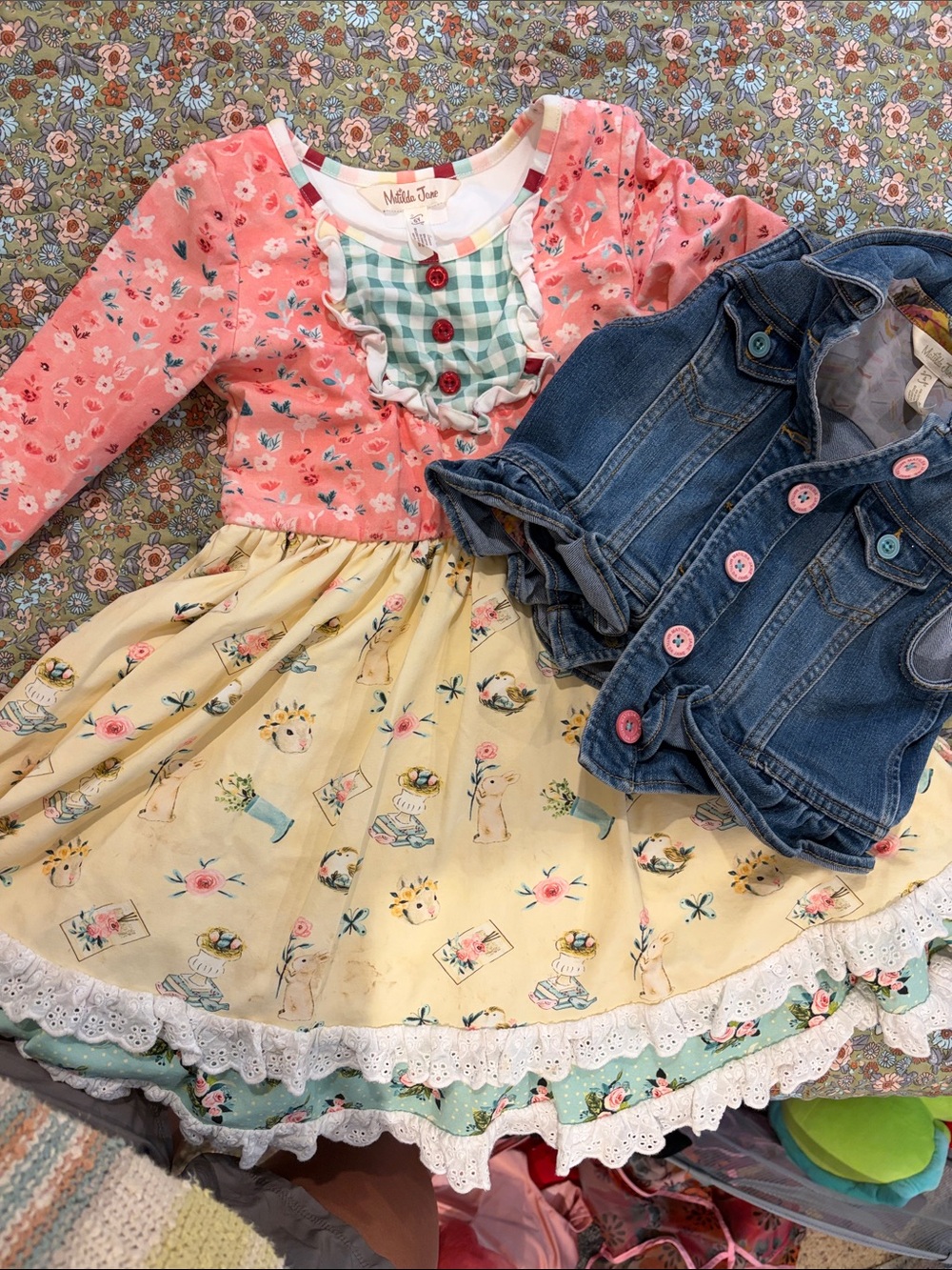 Matilda Jane Pink and Yellow Floral Patchwork Dress with Denim Vest